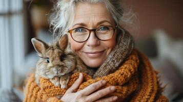 älter Frau im Rosa Sweatshirt tragen Brille foto