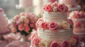 Hochzeit Kuchen geschmückt mit Rosa und Orange Blumen foto
