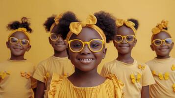 wenig Mädchen mit Gelb Bogen im Haar foto
