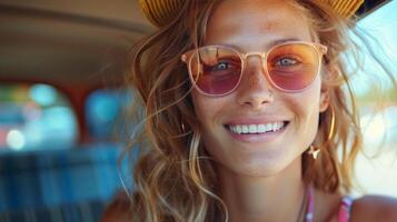 Frau tragen Sonnenbrille und Hut im Auto foto