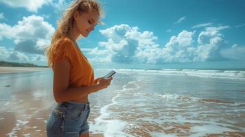 Frau Stehen auf Strand mit Zelle Telefon foto