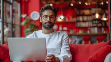 Mann Sitzung auf Couch mit Laptop Computer foto