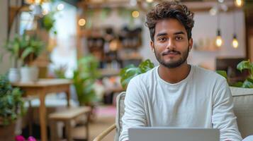 Mann Arbeiten auf Laptop beim Tabelle foto