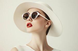 Frau tragen Weiß Hut und Sonnenbrille foto