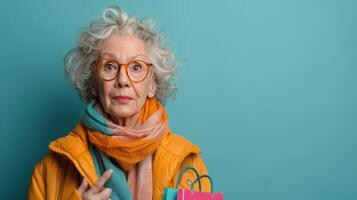 Alten Frau mit Brille halten Einkaufen Taschen foto