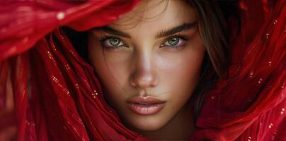 Frauen Gesicht bedeckt durch rot Stoff foto