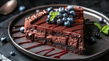 Foto von ein Scheibe von doppelt Schokolade Käse Kuchen mit Blaubeeren und frisch Minze