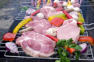 Stücke von Lamm Fleisch sind auf das Zähler im das Markt. frisch roh Rindfleisch Schaschlik Kebab mit Pfeffer Stück auf schwarz groß Grill Grill foto