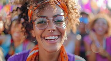 lächelnd Frau mit Brille beim ein Musik- Festival foto