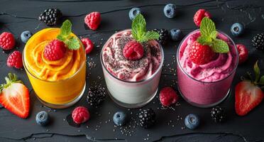 drei Glas Schalen gefüllt mit cremig Dessert gekrönt mit frisch Beeren und Minze foto