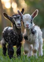 zwei jung Ziegen Laufen durch Grün Gras auf ein sonnig Tag foto