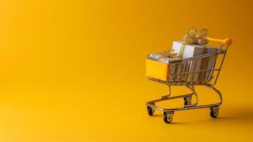 ai generiert Einkaufen Wagen mit Geschenk Box auf Gelb Hintergrund foto