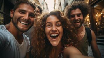 ai generiert Gruppe von heiter jung Erwachsene nehmen ein Selfie auf ein Stadt Straße, warm Beleuchtung, froh Ausdrücke. foto