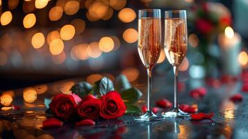 zwei Brille von Champagner mit Rose Blütenblätter auf Tabelle foto