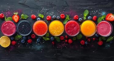 bunt Obst Smoothies mit Beeren und Minze auf ein schwarz Tischplatte foto