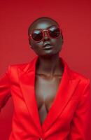 Frau tragen rot Jacke und Sonnenbrille foto