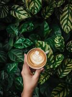 Person halten Tasse von Kaffee im Vorderseite von Pflanze foto