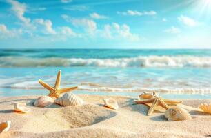 Seestern und Muscheln auf ein sandig Strand foto