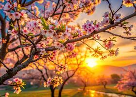 ein Tung blühen Baum während Sonnenuntergang, das Blumen beleuchtet durch das golden Stunde Licht foto