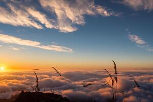 schön Wolken Über das Berge erstellen ein harmonisch Atmosphäre, Gemälde ein heiter und majestätisch Szene von natürlich Schönheit foto