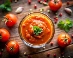 Tomate Soße im ein Glas Krug auf ein hölzern Tabelle mit Tomaten und Kräuter foto