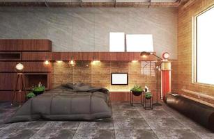 modernes Loft-Wohnzimmer mit Sofa und Grünpflanzen, Lampe, Tisch auf Backsteinmauerhintergrund. 3D-Rendering foto