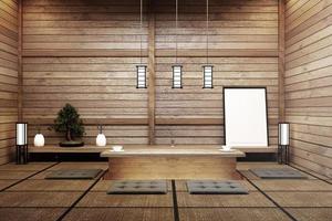 Wohnzimmerinnenraum und minimalistisches Design mit Tatami-Mattenboden und japanischem, leerem Rauminnenraum, 3D-Rendering foto
