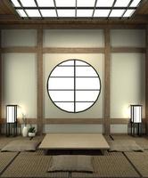 Mock-up-Japan-Zimmer mit Tatami-Mattenboden und Dekoration im japanischen Stil wurde im japanischen Stil entworfen. 3D-Rendering foto