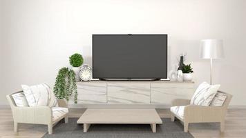 Smart-TV-Modell im Zen-Wohnzimmer mit minimalistischem Dekor. 3D-Rendering foto