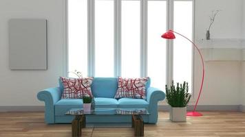 modernes zimmerinterieur mit blauem sofa und tisch und lampe auf weißem raum .3d-rendering foto