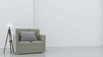 Zimmerinnenraum hat ein Sofa und eine Lampe auf leerem weißem Wandhintergrund, Wiedergabe 3d foto
