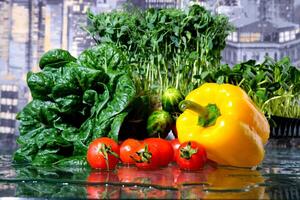 frisch Grünkohl Microgreens auf oben von ein Gemüse Salat foto