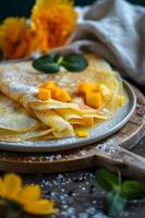 tropisch Sonnenaufgang Crepes ein Süss Sommer- Flucht mit Mango und Sahne foto