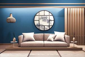 moderne dunkelblaue japanische Zimmereinrichtung mit niedrigem Holzsofa auf Fensterpapier-Zen-Design .3d rednering foto