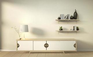 Schrank aus Holz im modernen Wohnzimmer im japanischen Stil auf weißem Wandhintergrund, 3D-Rendering foto