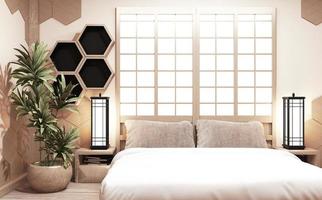 Sechseckregal Holzstil an der Wand Schlafzimmer im japanischen Stil mit Pflanzen und Lampendekoration auf Holzboden. 3D Rednering foto