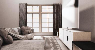 TV auf dem Schrank im modernen Wohnzimmer auf weißem Wandhintergrund, 3D-Rendering foto