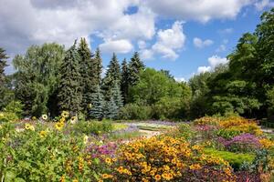 üppig Sommer- Garten unter klar Himmel mit Weiß Wolken, Blühen Blumen und hoch Bäume auf sonnig Tag foto