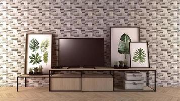 Smart-TV-Modell auf leerem Raum, Felsfliesenwand in modernem, leerem Interieur. 3D-Rendering foto