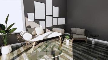 modernes Interieur mit Sofa und Sessel auf dunklen Wand- und Bodenfliesen des Zimmers. 3D-Rendering foto