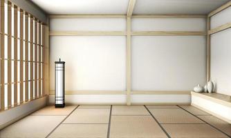 leerer Zen-Raum im japanischen Stil mit Tatami-Mattenboden und Wandmischung aus Holzdesign. 3D-Rendering foto