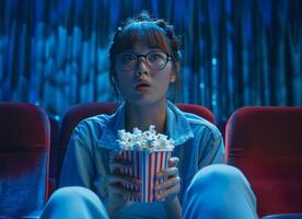 Frau Sitzung im Film Theater halten Tasse von Popcorn foto