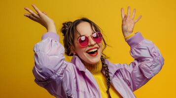 Frau tragen Sonnenbrille und Rosa Jacke foto