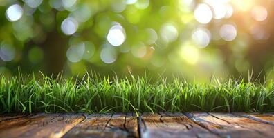 schließen oben von hölzern Fußboden mit Gras wachsend foto