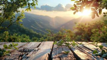 hölzern Tabelle mit Blick auf Berge foto