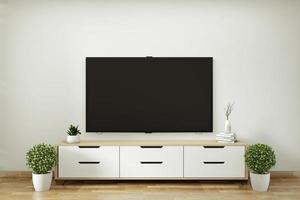 TV-Regal im modernen leeren Raum und Dekorationspflanzen auf weißem Wandboden aus Holz. 3D-Rendering foto