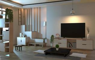 Interieur im Wohnzimmer im Zen-Stil mit Smart-TV und japanischem Dekorationsstil. 3D-Rendering