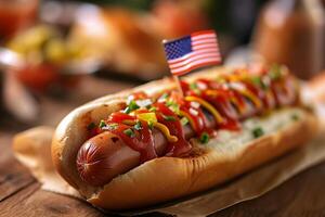 Nahansicht von ein Hotdog mit ein klein amerikanisch Flagge stecken im das oben Brötchen foto