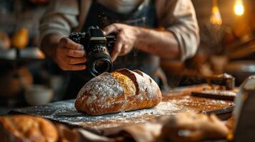 Fotograf Schießen ein rustikal Brot Laib mit Jahrgang Kamera, warm und gemütlich Atmosphäre foto