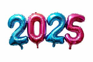2025 Luftballons im Blau und Rosa metallisch Farben isoliert auf ein Weiß Hintergrund. perfekt zum Neu Jahr 2025 Feierlichkeiten und festlich Dekor. foto